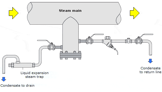 Illustration of liquid expansion thermostatic steam trap in use