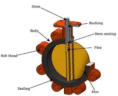 Components of a lug type butterfly valve